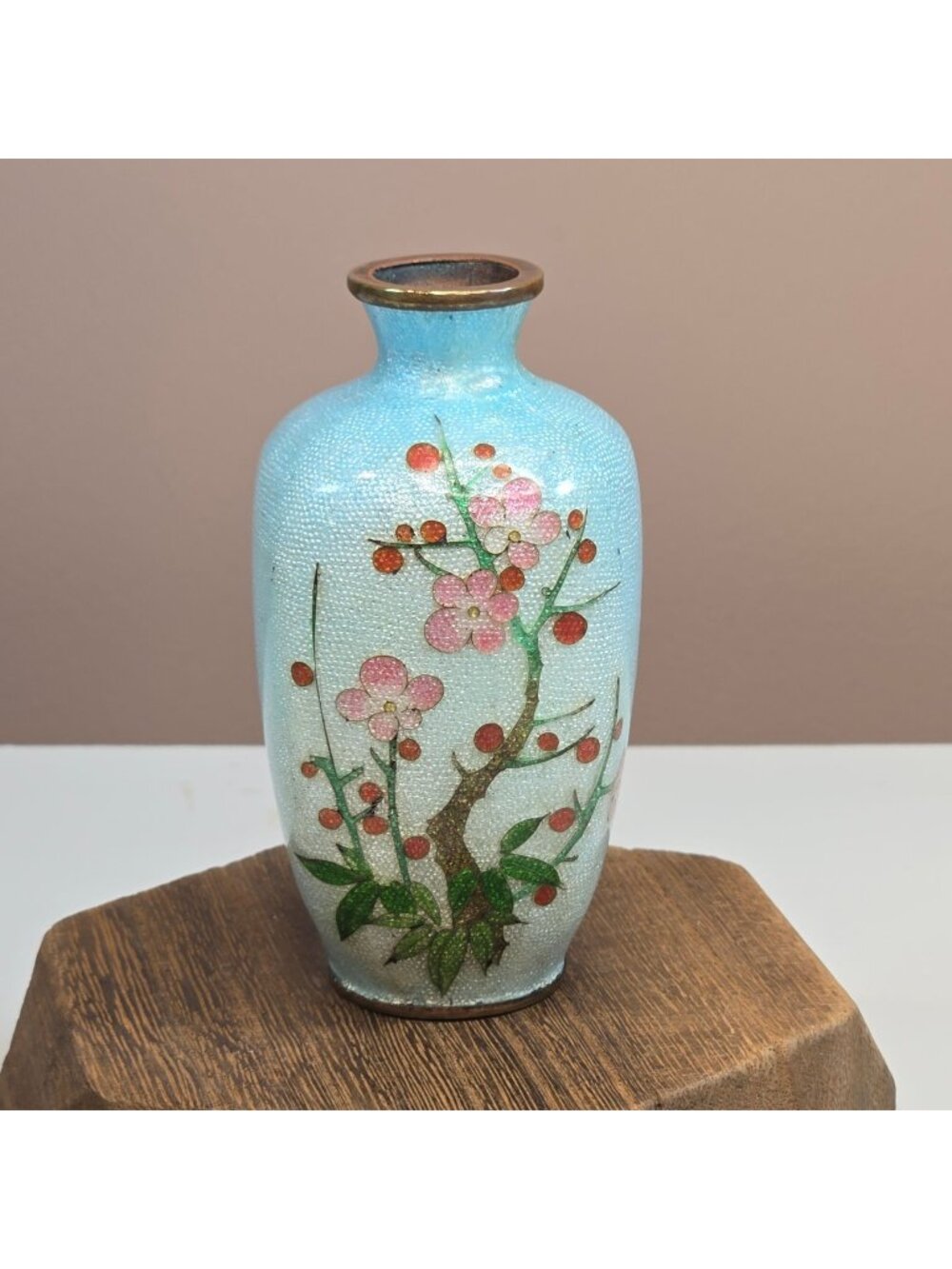 Antique 19th Century Japanese Meiji Mini Foil Enamel Bronze Vase Cherry Blossom